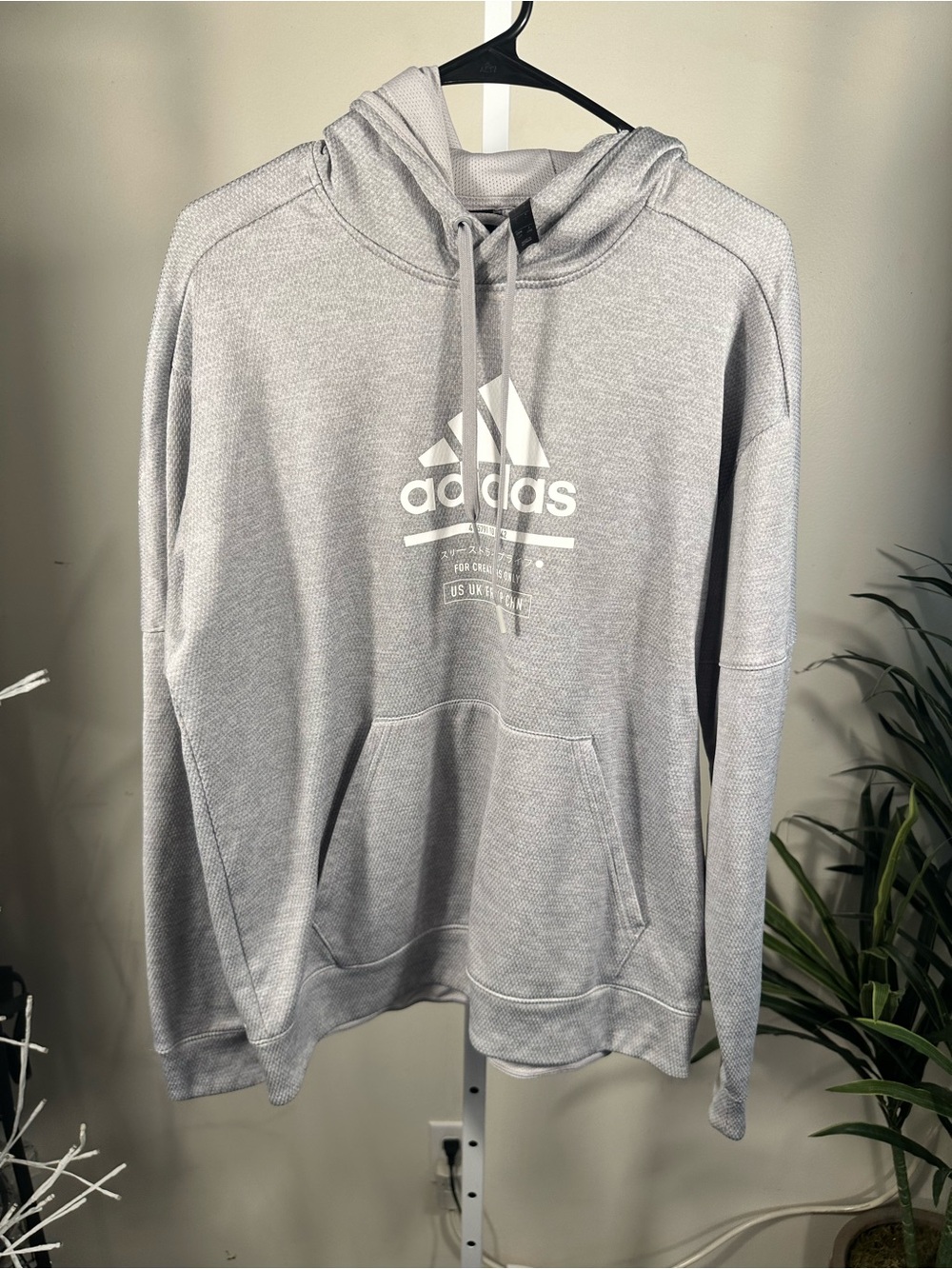 N268. Adidas For Creators Only Gray Textured Graphic Pullover Hoodie in Large